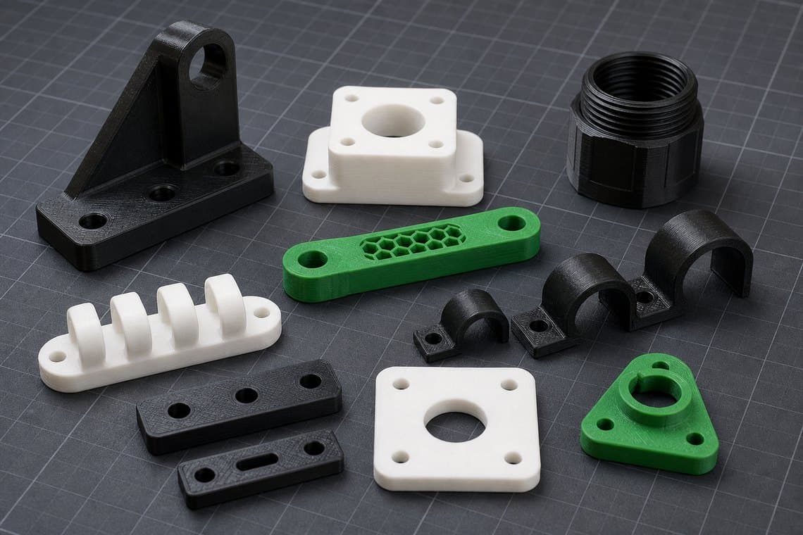 Assorted 3D printed functional brackets, mounts, clips, and adapters on a grid work surface