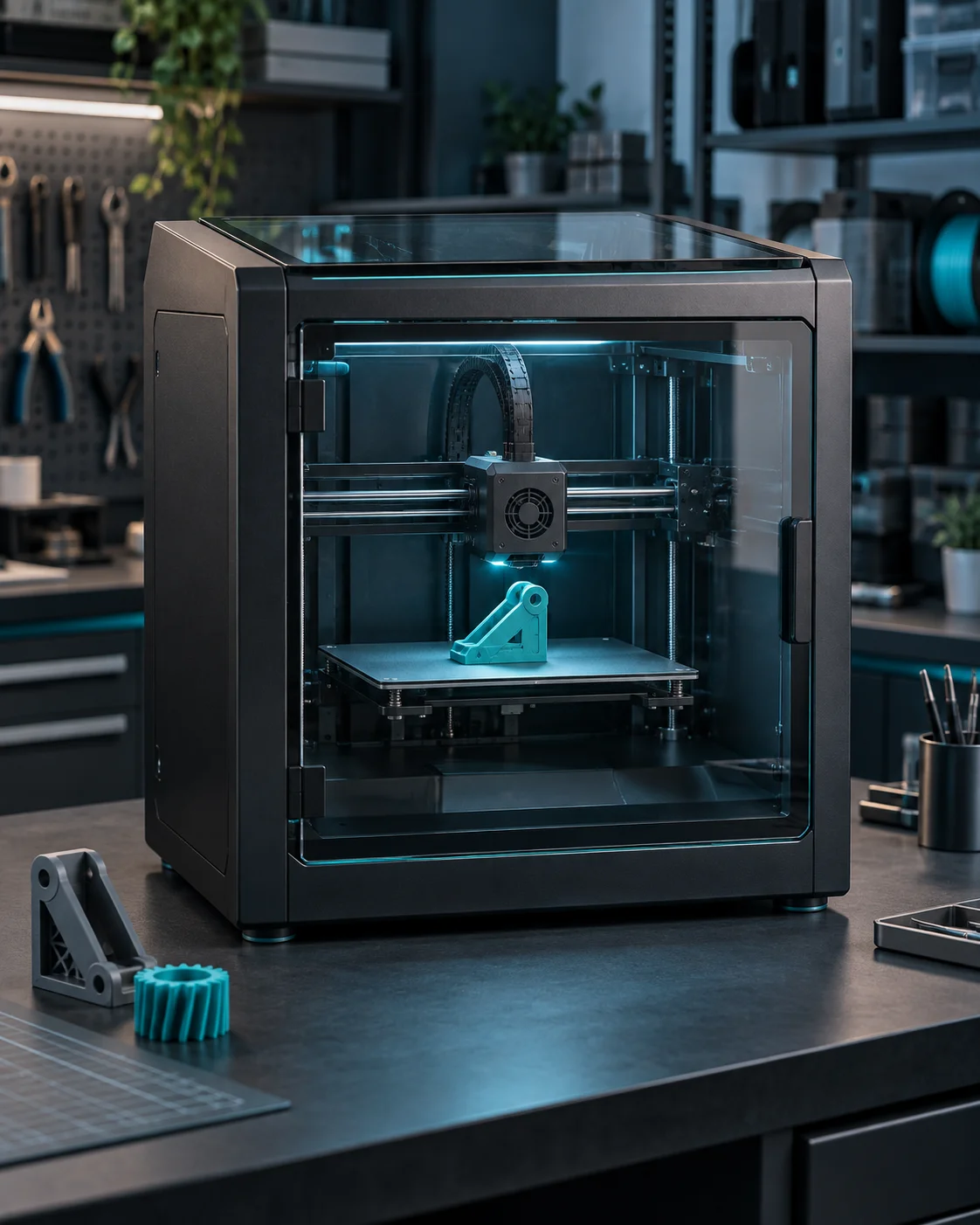 Illustration of a modern enclosed 3D printer with a turquoise functional part on its build plate