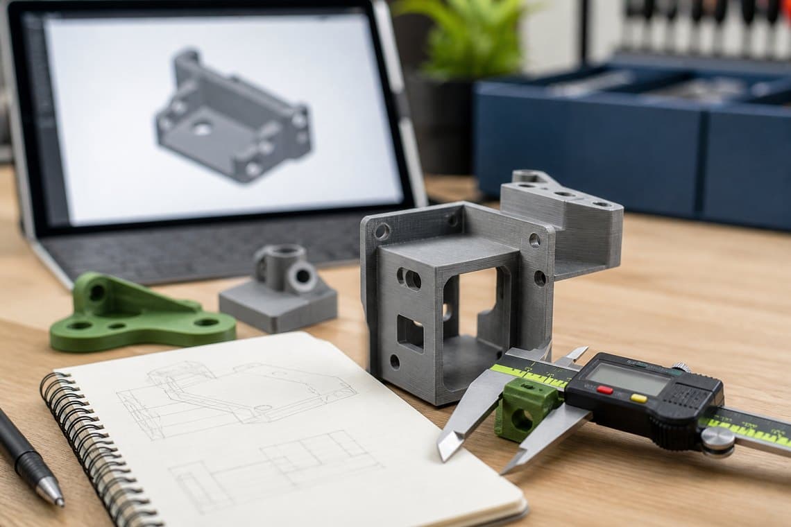 3D printed prototype parts being checked with calipers near a CAD model