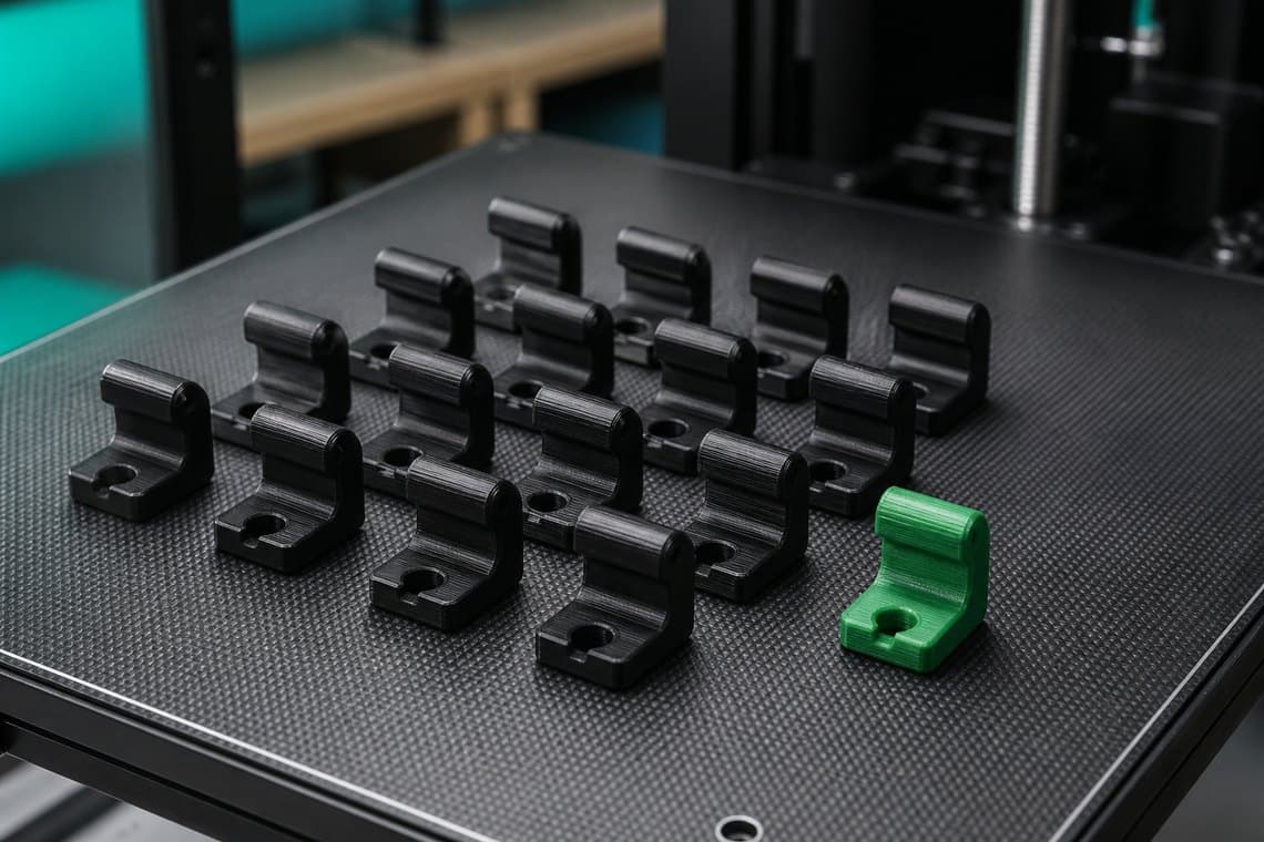 Small batch of matching black 3D printed clips arranged on a printer build plate